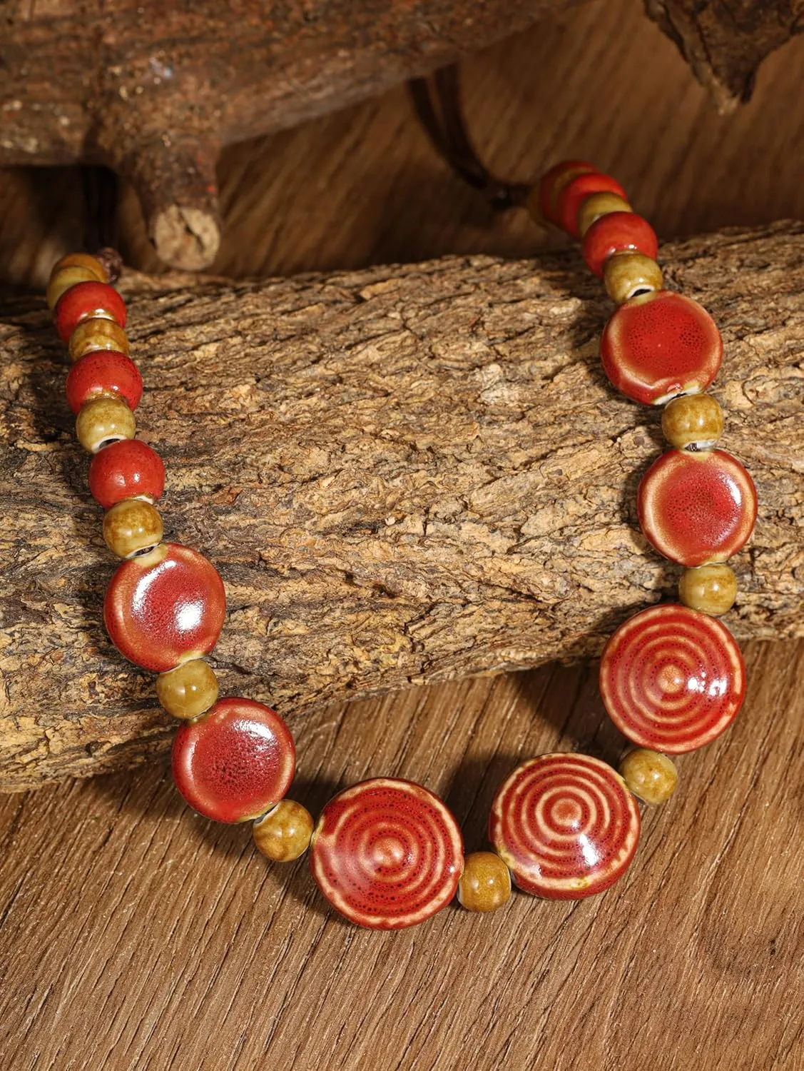 MINACHI Boho Hippie Round Ceramic Beads Strand Necklace, Vintage Bohemian Summer Beach Jewelry Gift for Women