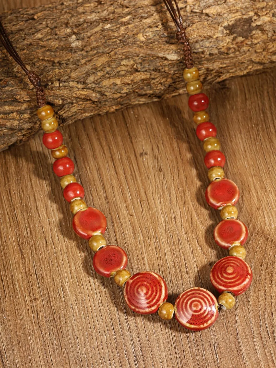 MINACHI Boho Hippie Round Ceramic Beads Strand Necklace, Vintage Bohemian Summer Beach Jewelry Gift for Women