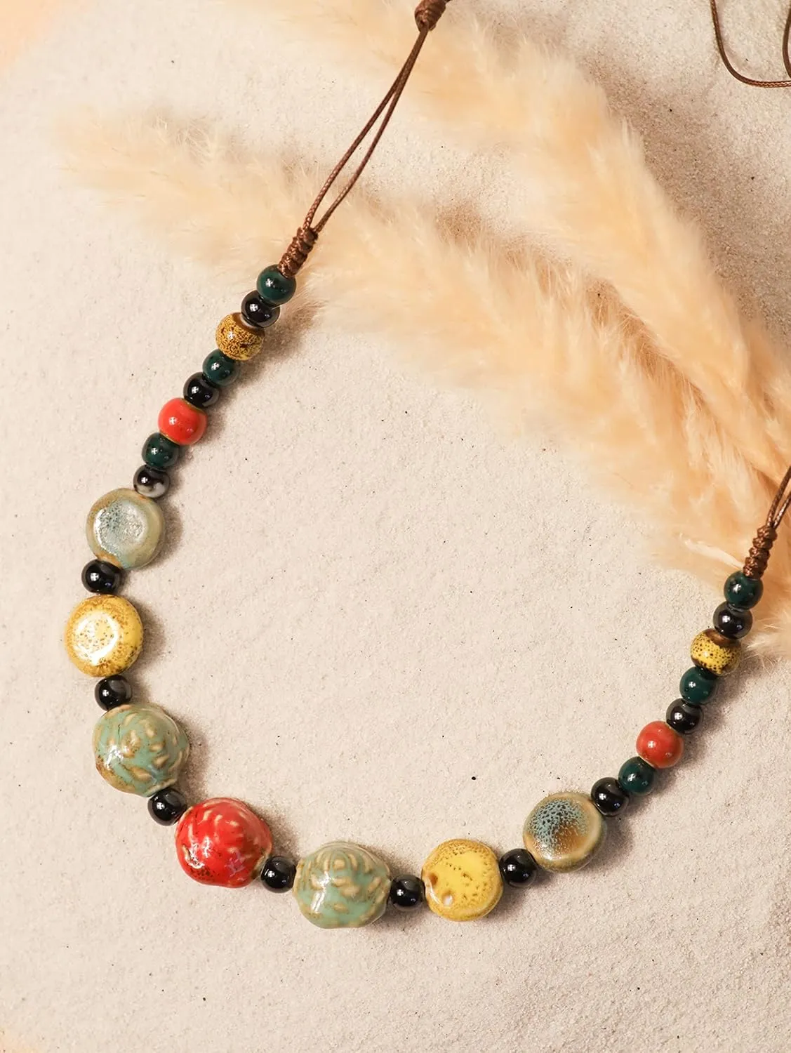 MINACHI Boho Hippie Round Ceramic Beads Strand Necklace, Vintage Bohemian Summer Beach Jewelry Gift for Women