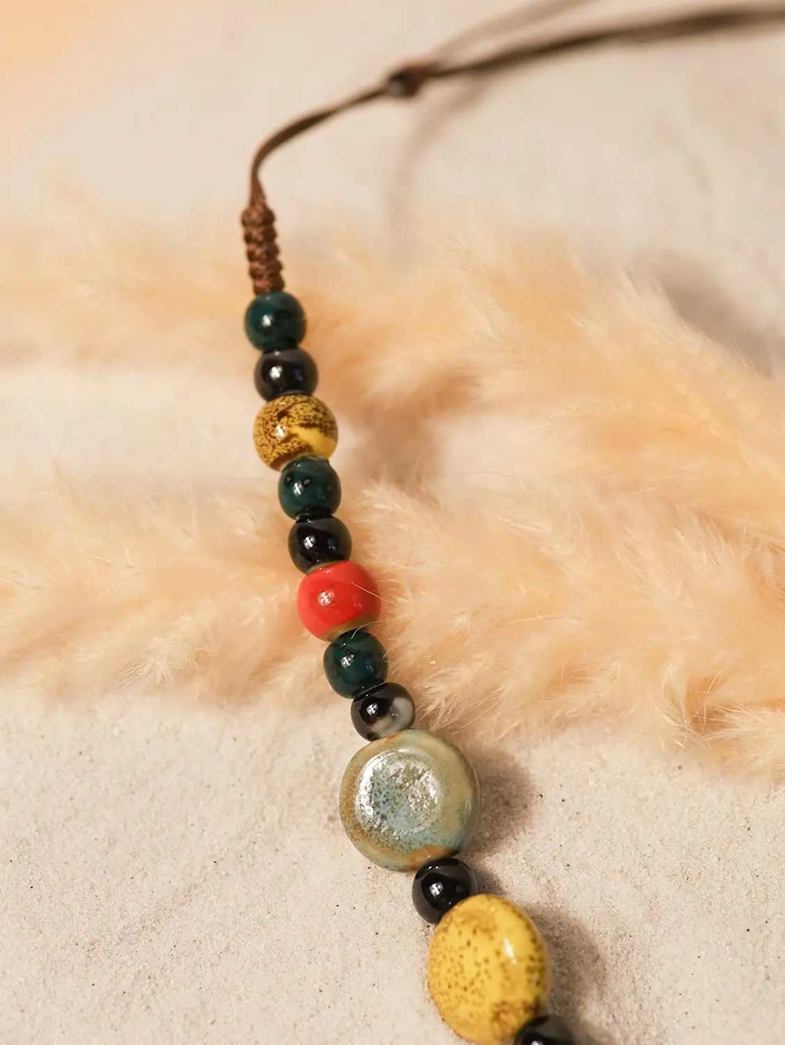MINACHI Boho Hippie Round Ceramic Beads Strand Necklace, Vintage Bohemian Summer Beach Jewelry Gift for Women