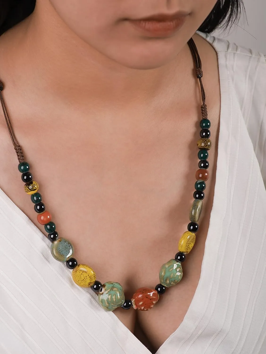 MINACHI Boho Hippie Round Ceramic Beads Strand Necklace, Vintage Bohemian Summer Beach Jewelry Gift for Women