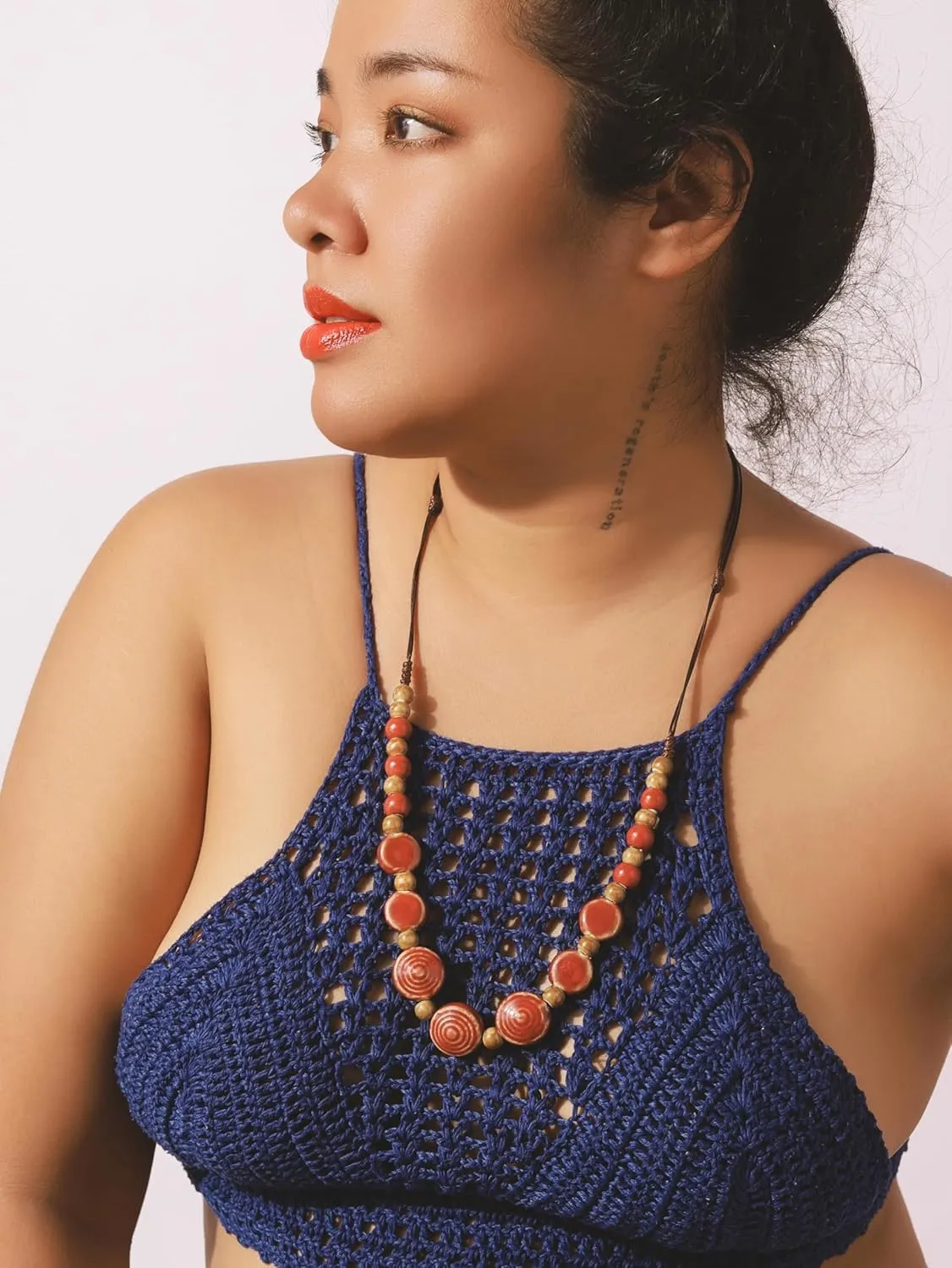 MINACHI Boho Hippie Round Ceramic Beads Strand Necklace, Vintage Bohemian Summer Beach Jewelry Gift for Women
