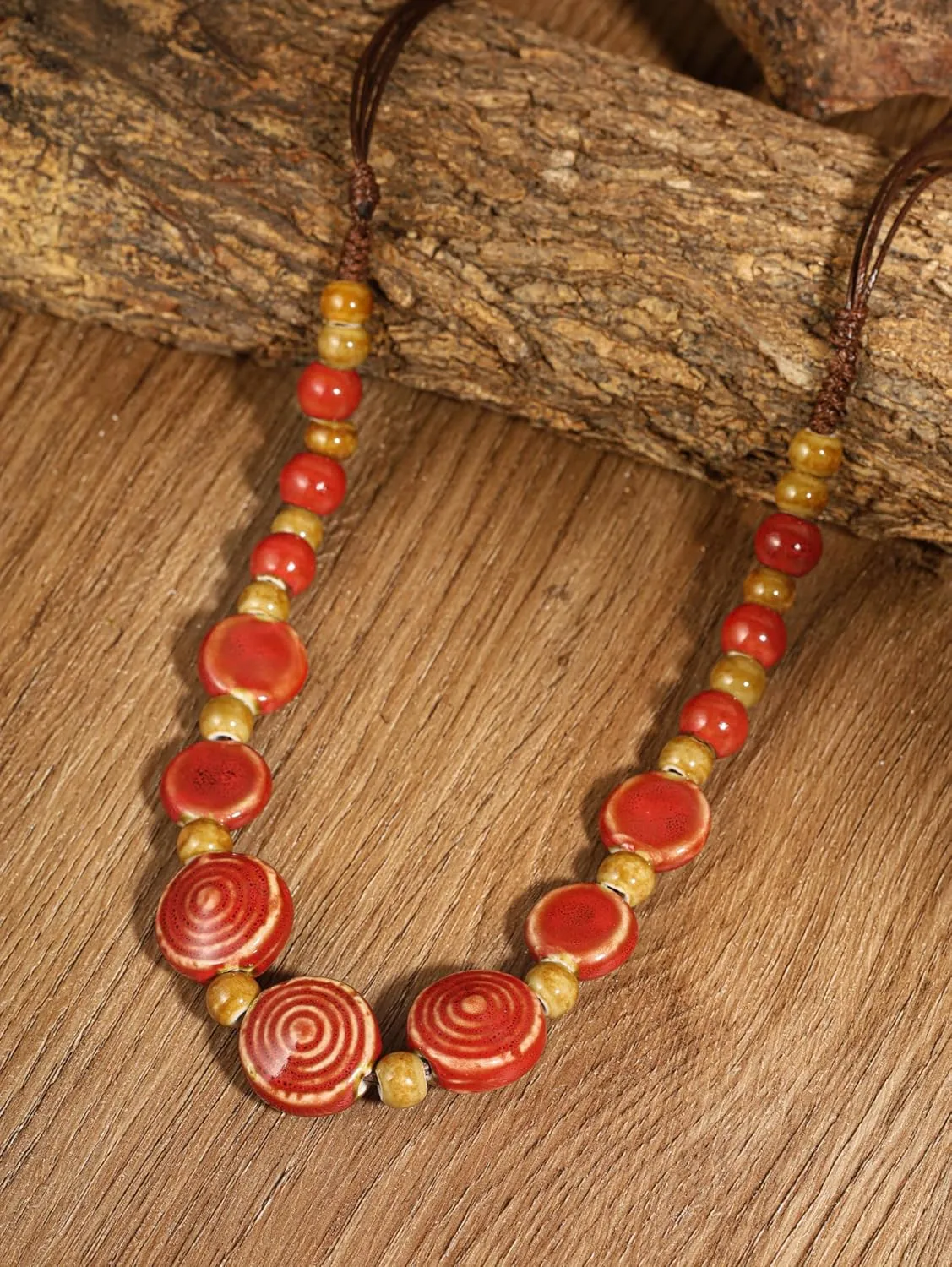 MINACHI Boho Hippie Round Ceramic Beads Strand Necklace, Vintage Bohemian Summer Beach Jewelry Gift for Women