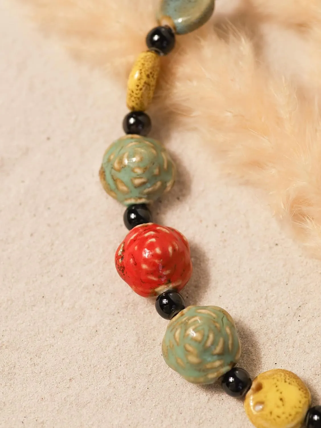 MINACHI Boho Hippie Round Ceramic Beads Strand Necklace, Vintage Bohemian Summer Beach Jewelry Gift for Women
