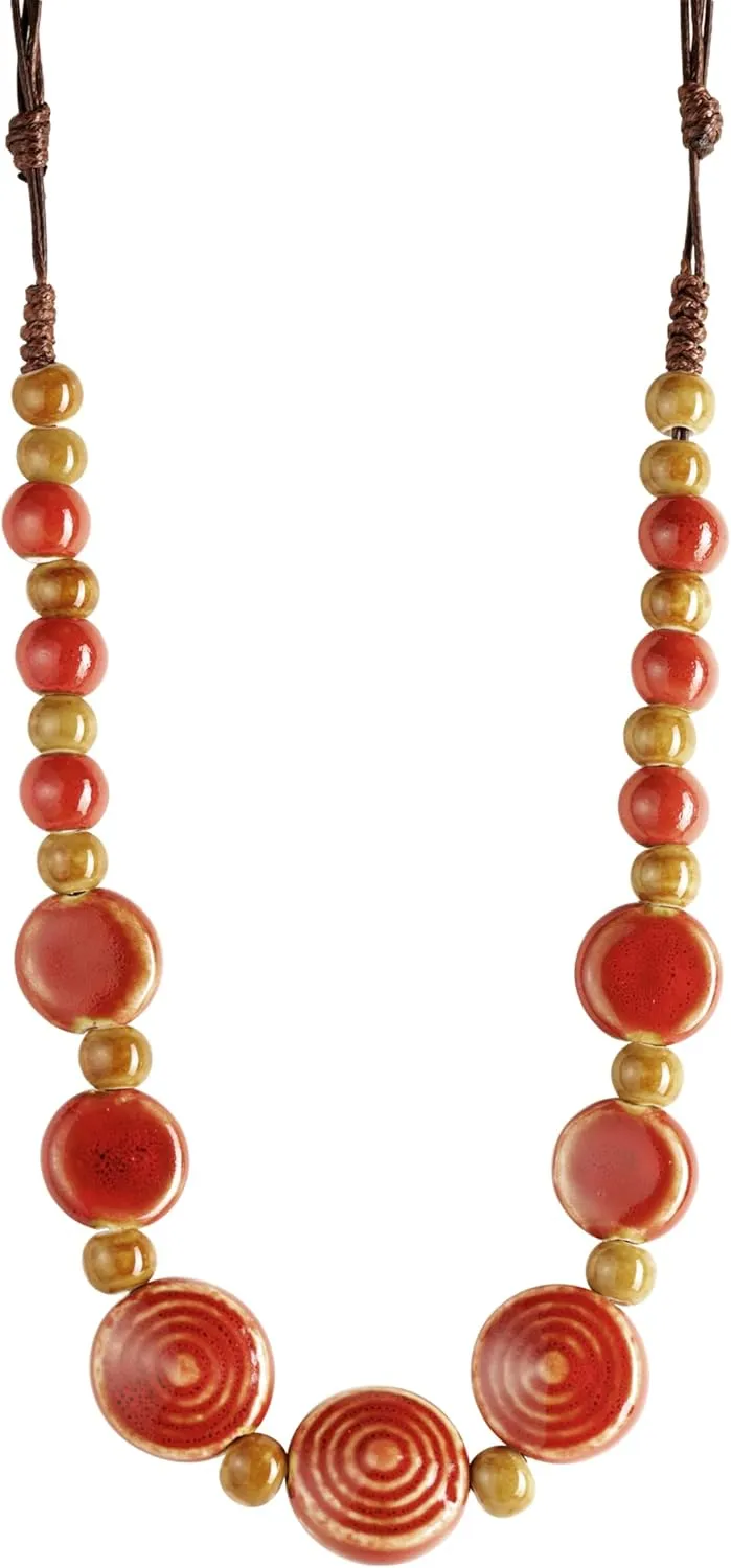 MINACHI Boho Hippie Round Ceramic Beads Strand Necklace, Vintage Bohemian Summer Beach Jewelry Gift for Women