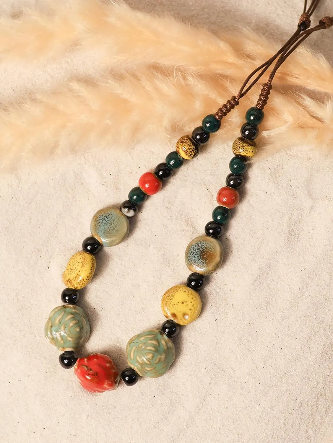 MINACHI Boho Hippie Round Ceramic Beads Strand Necklace, Vintage Bohemian Summer Beach Jewelry Gift for Women