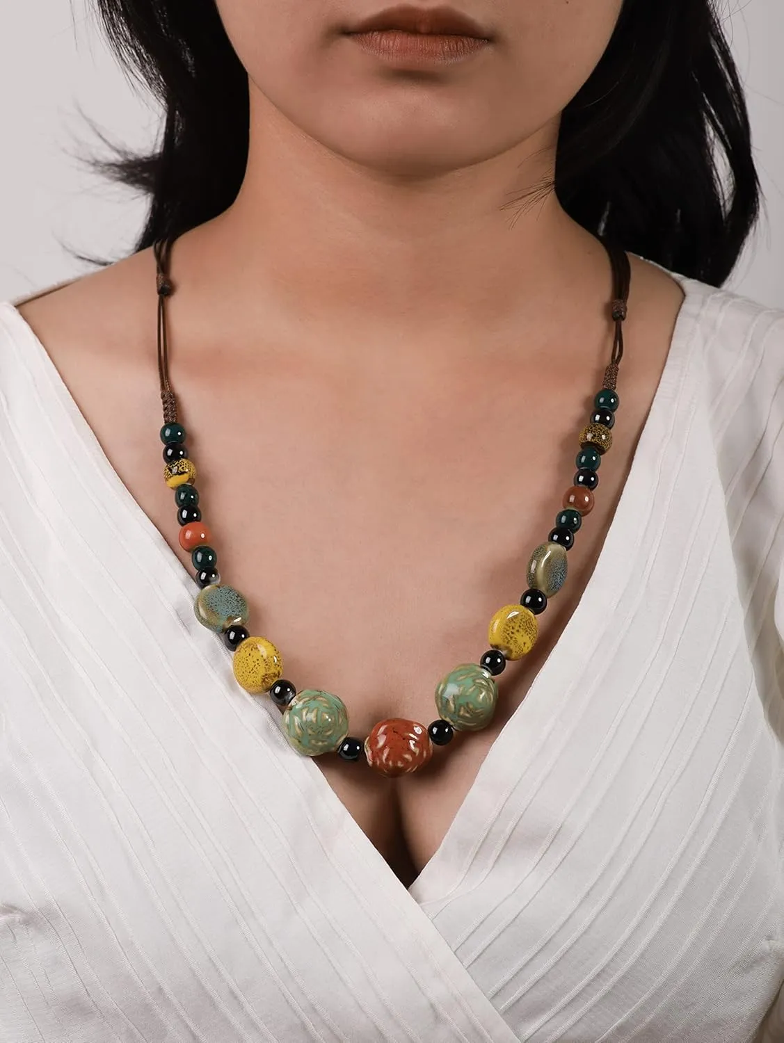 MINACHI Boho Hippie Round Ceramic Beads Strand Necklace, Vintage Bohemian Summer Beach Jewelry Gift for Women