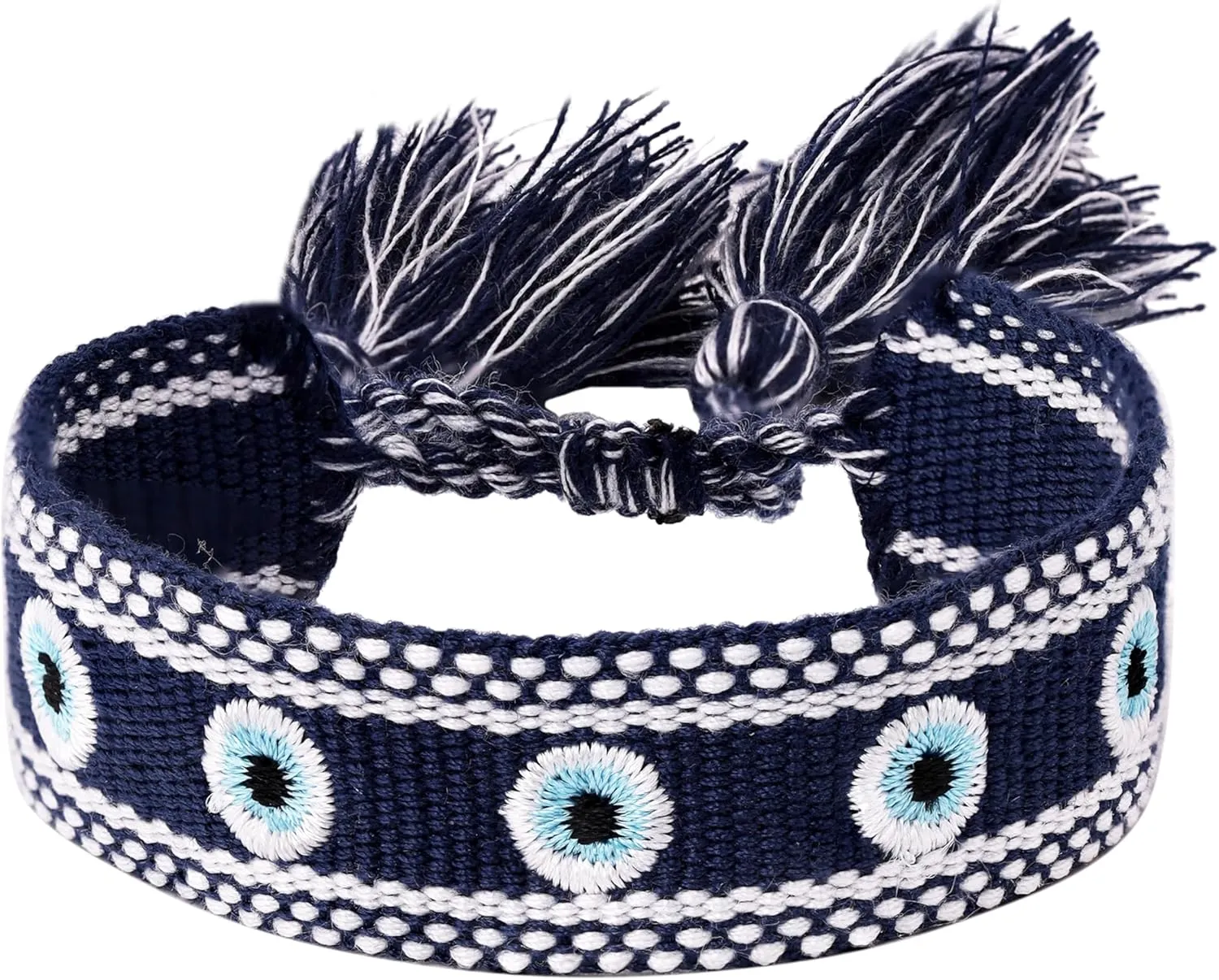 MINACHI Hand-Woven Rope Bracelet with Embroidered Evil Eye Charms, Blue Tone, Bohemian Lucky Jewelry for Women