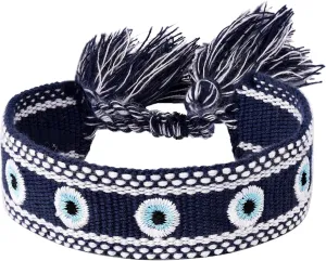 MINACHI Hand-Woven Rope Bracelet with Embroidered Evil Eye Charms, Blue Tone, Bohemian Lucky Jewelry for Women