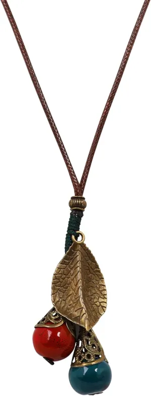 MINACHI Hippie Bohemian Vintage Antique Leaf Red Green Beads Lariat Necklace, Boho Jewelry Gift for Women