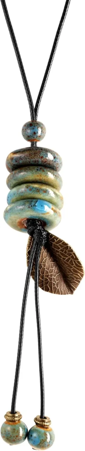 MINACHI Hippie Boho Blue Turquoise Color Ceramic Beads Lucky Leaf Long Leather Necklace, Bohemian Jewelry Gift for Women