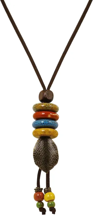 MINACHI Hippie Boho Colorful Beads Lucky Leaf Long Leather Necklace, Bohemian Jewelry Gift for Women