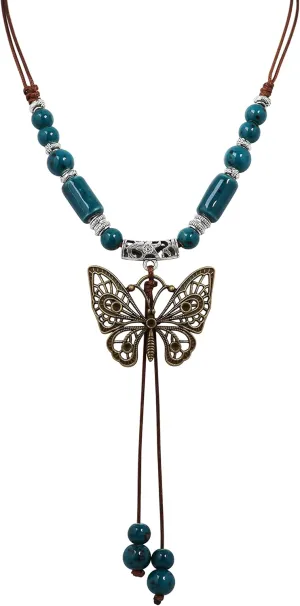 MINACHI Hippie Boho Colorful Ceramic Bead Butterfly Charm Pendant Y Necklace, Vintage Bohemian Statement Jewelry Gift for Women