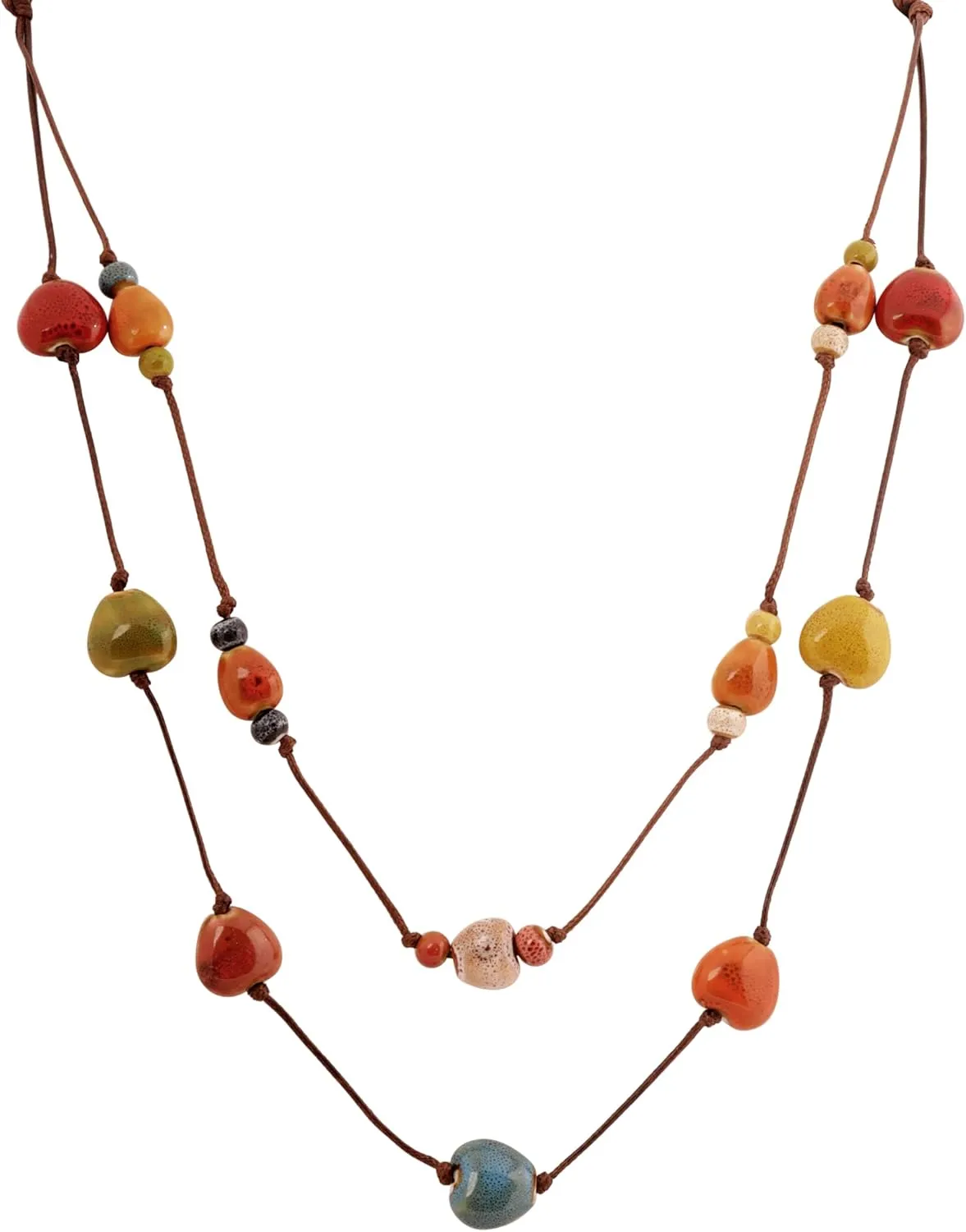 MINACHI Hippie Boho Double Layered Colorful Ceramic Heart Round Bead Necklace, Bohemian Jewelry Gifts for Women