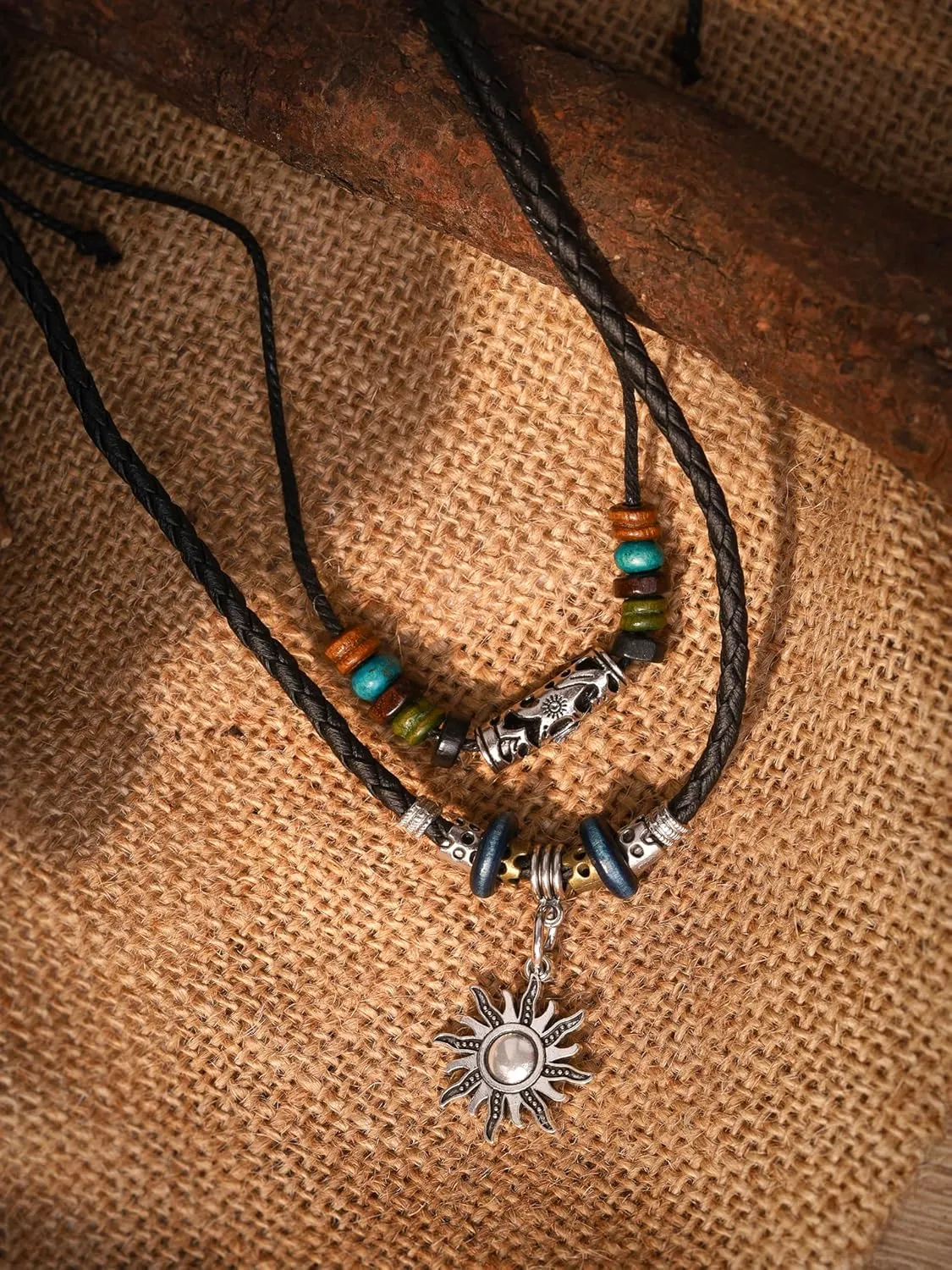 MINACHI Layered Boho Wood Bead Choker Necklace, Hollow Flower Charm, Personality Jewelry for Men and Women