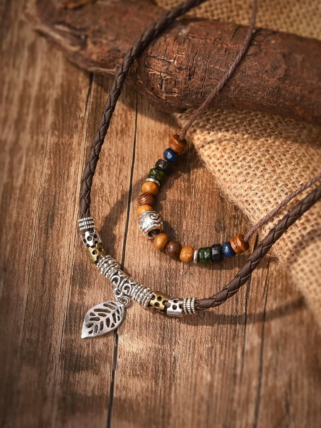 MINACHI Layered Boho Wood Bead Choker Necklace, Hollow Flower Charm, Personality Jewelry for Men and Women
