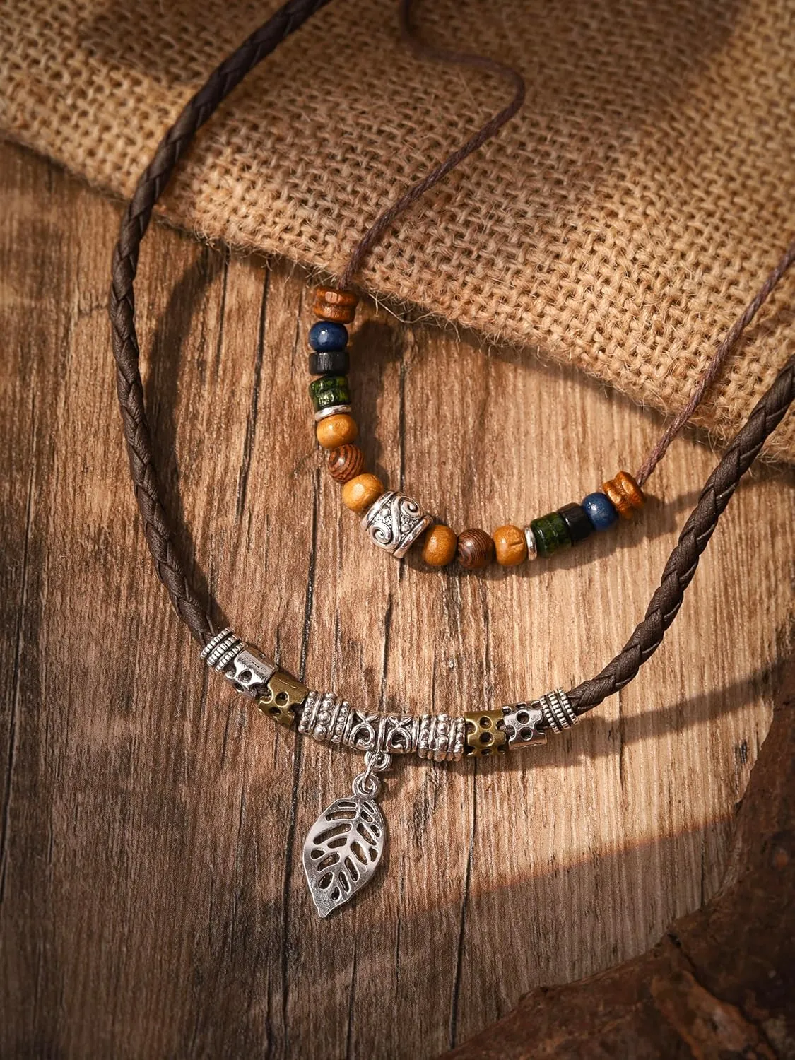 MINACHI Layered Boho Wood Bead Choker Necklace, Hollow Flower Charm, Personality Jewelry for Men and Women