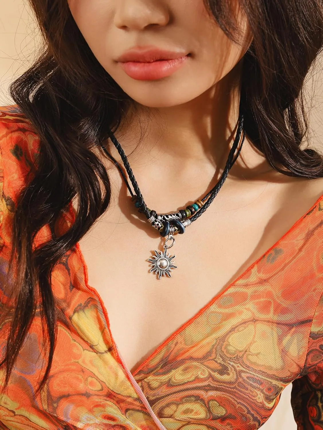MINACHI Layered Boho Wood Bead Choker Necklace, Hollow Flower Charm, Personality Jewelry for Men and Women