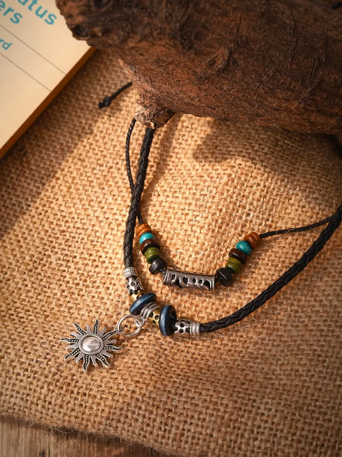 MINACHI Layered Boho Wood Bead Choker Necklace, Hollow Flower Charm, Personality Jewelry for Men and Women