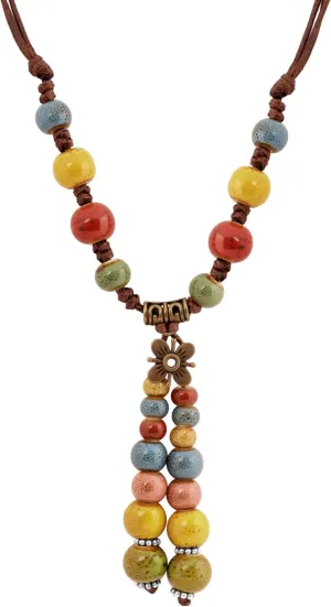 MINACHI Vintage Bohemian Colorful Ceramic Bead Antique Flower Y Necklace, Vintage Boho Hippie Statement Jewelry Gift for Women