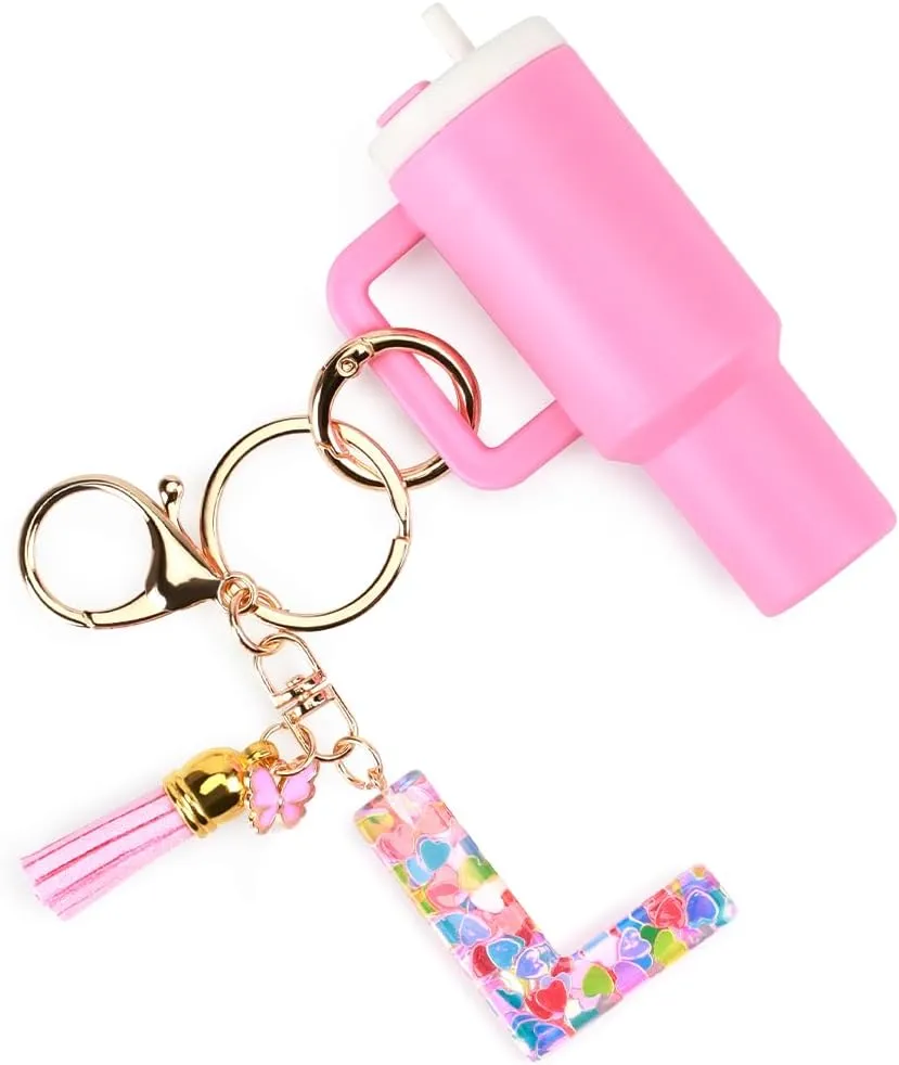 Mini Tumbler Keychain Accessories for Stanley Cup with Letter Charm, Initial Charms Chapstick Lip Balm Holder for Women Girl