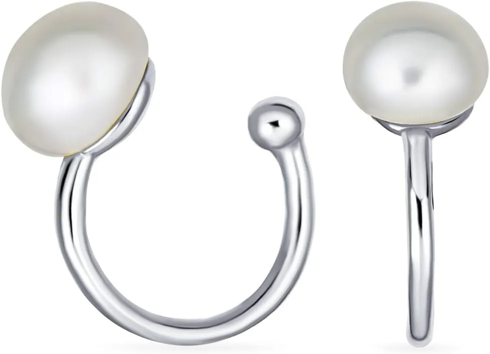 Minimalist Round White Gemstone Created Opal Huggie Geometric Non-Piercing Helix Cartilage Conch Bezel Band Wrap Ear Cuff Earrings For Women Teens .925 Sterling Silver
