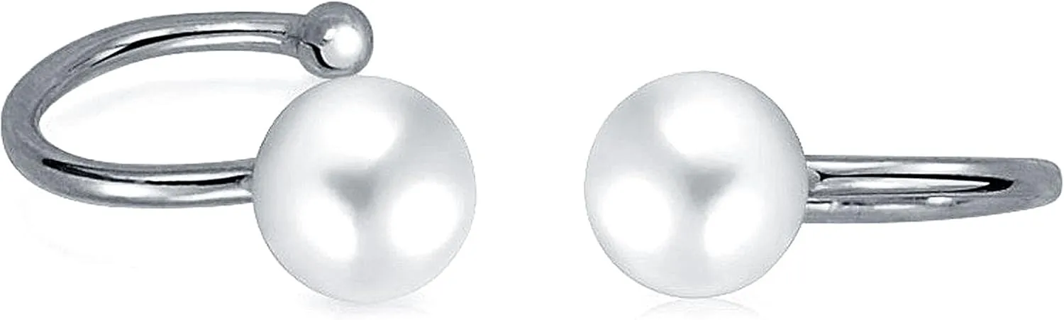 Minimalist Round White Gemstone Created Opal Huggie Geometric Non-Piercing Helix Cartilage Conch Bezel Band Wrap Ear Cuff Earrings For Women Teens .925 Sterling Silver