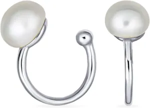Minimalist Round White Gemstone Created Opal Huggie Geometric Non-Piercing Helix Cartilage Conch Bezel Band Wrap Ear Cuff Earrings For Women Teens .925 Sterling Silver