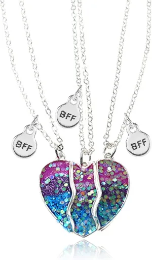 MJartoria BFF Necklace for 3 - Heart Matching Pendant Best Friends Forever Friendship Necklace Cute Best Friend Necklace