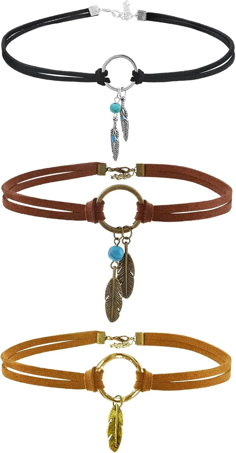 MJartoria Native American Bohemian Feather Charm Handmade PU Leather Choker Necklace