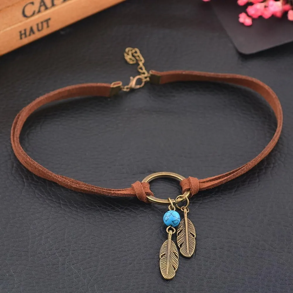 MJartoria Native American Bohemian Feather Charm Handmade PU Leather Choker Necklace