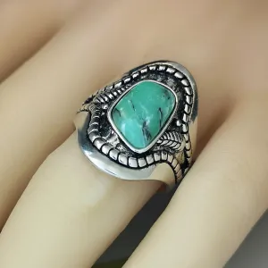 Mnyixsi Vintage Sterling Silver Turquoise Ring for Women, Imitate Irregular Turquoise Ethnic Charms Flower Leaf Band Ring for Women Jewelry Gift, Natural Birthstone Statement Ring Size 10