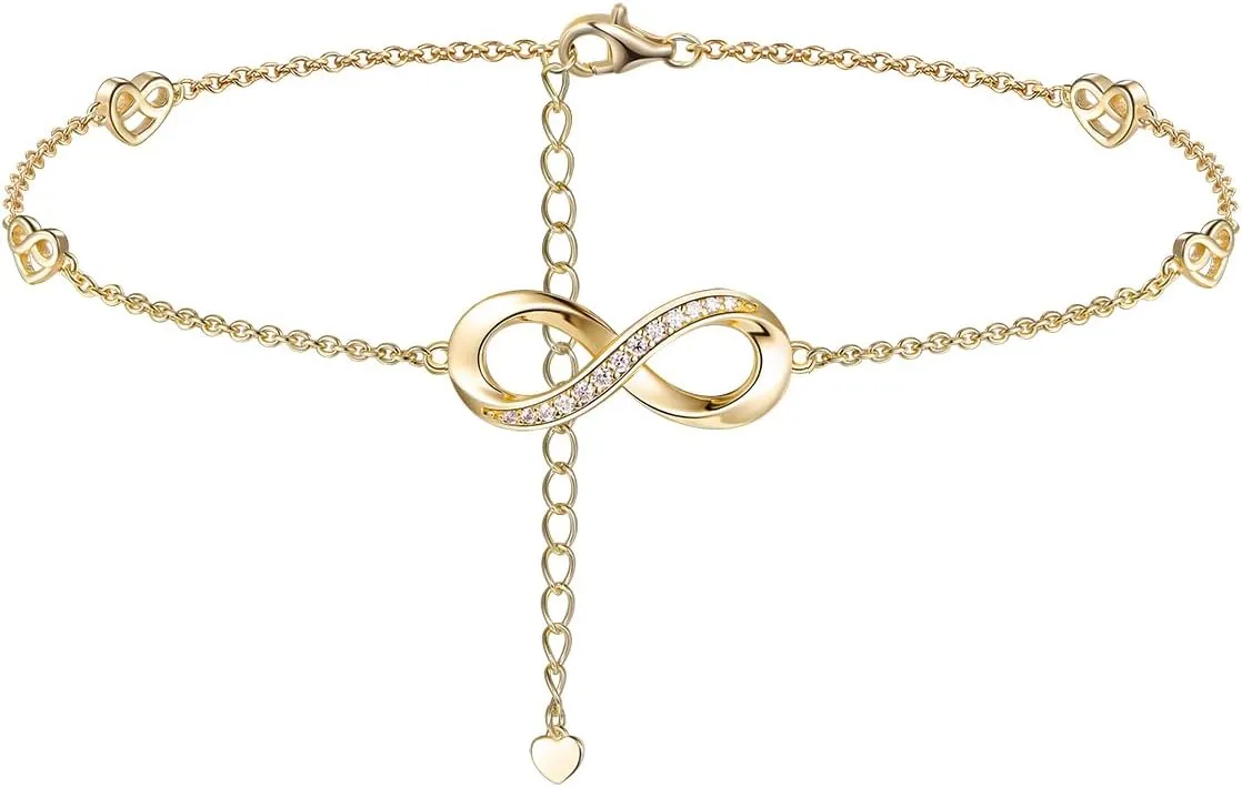 Moissanite Infinity Bracelet/Anklet for Women, Real Authentic 925 Sterling Silver Hypoallergenic, Beautiful Summer Jewelry, Bracelet: 5.8-7.8inch(15-19cm), Anklet: 8.6-10.6inch(21-26cm), Adjustable