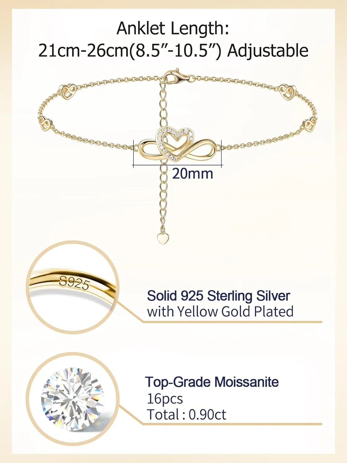 Moissanite Infinity Bracelet/Anklet for Women, Real Authentic 925 Sterling Silver Hypoallergenic, Beautiful Summer Jewelry, Bracelet: 5.8-7.8inch(15-19cm), Anklet: 8.6-10.6inch(21-26cm), Adjustable