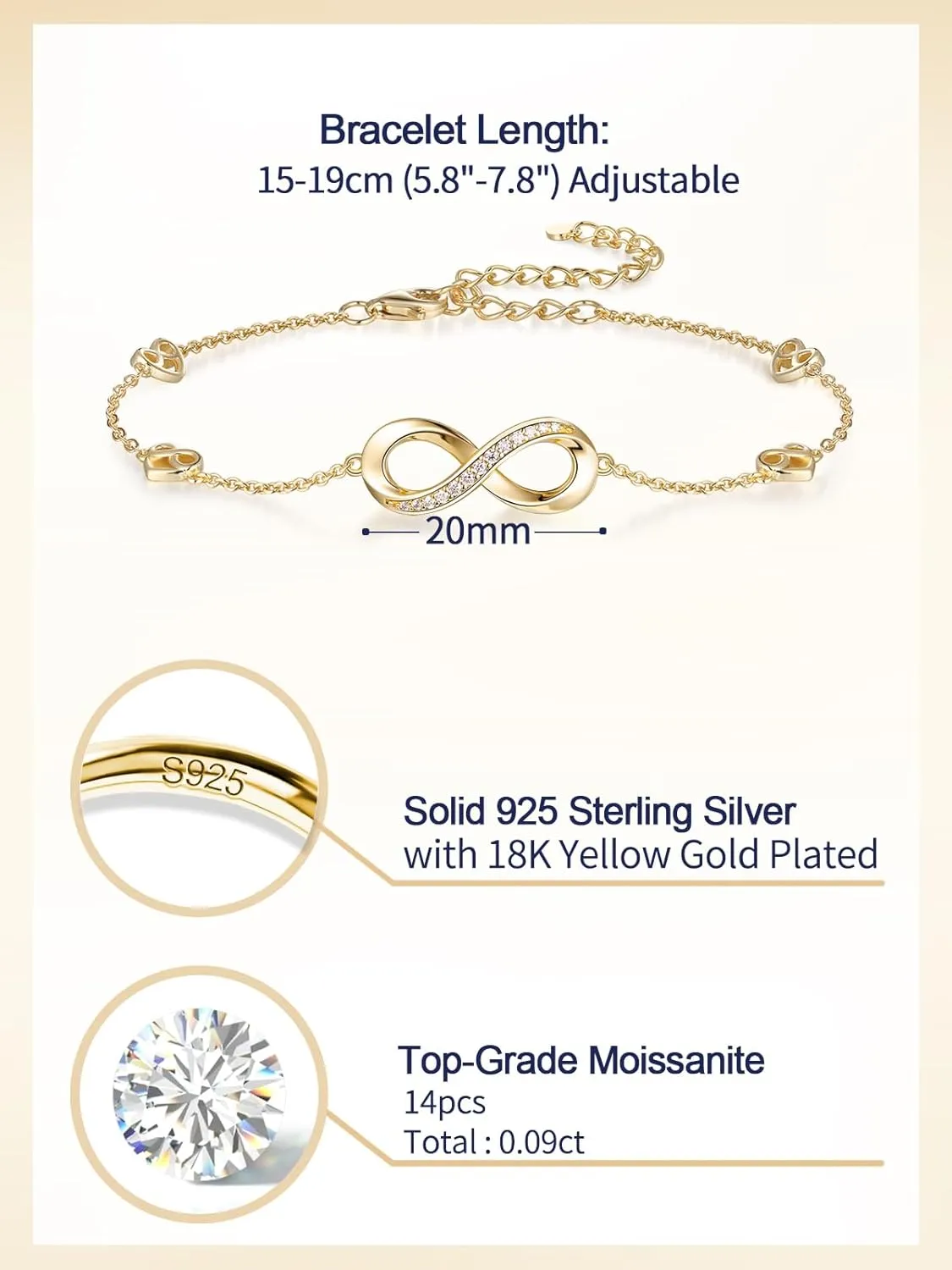 Moissanite Infinity Bracelet/Anklet for Women, Real Authentic 925 Sterling Silver Hypoallergenic, Beautiful Summer Jewelry, Bracelet: 5.8-7.8inch(15-19cm), Anklet: 8.6-10.6inch(21-26cm), Adjustable