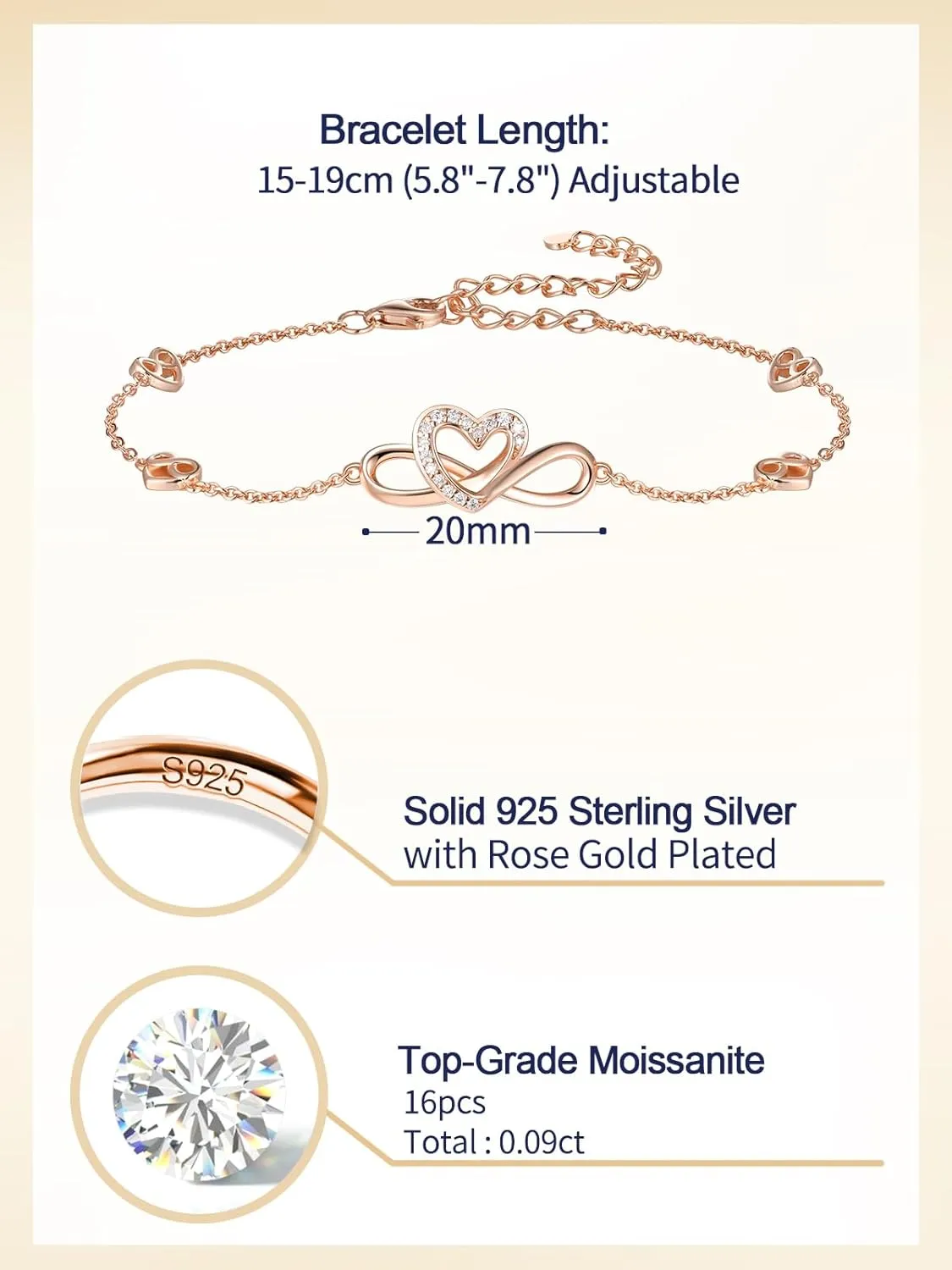 Moissanite Infinity Bracelet/Anklet for Women, Real Authentic 925 Sterling Silver Hypoallergenic, Beautiful Summer Jewelry, Bracelet: 5.8-7.8inch(15-19cm), Anklet: 8.6-10.6inch(21-26cm), Adjustable