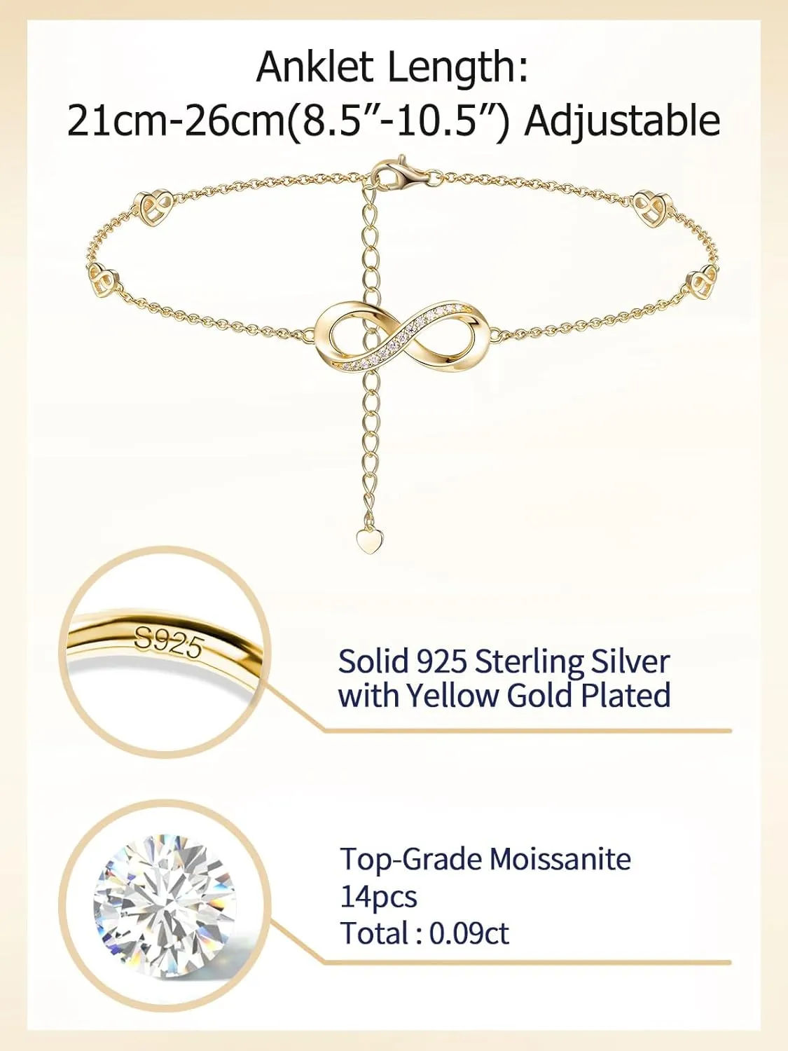 Moissanite Infinity Bracelet/Anklet for Women, Real Authentic 925 Sterling Silver Hypoallergenic, Beautiful Summer Jewelry, Bracelet: 5.8-7.8inch(15-19cm), Anklet: 8.6-10.6inch(21-26cm), Adjustable