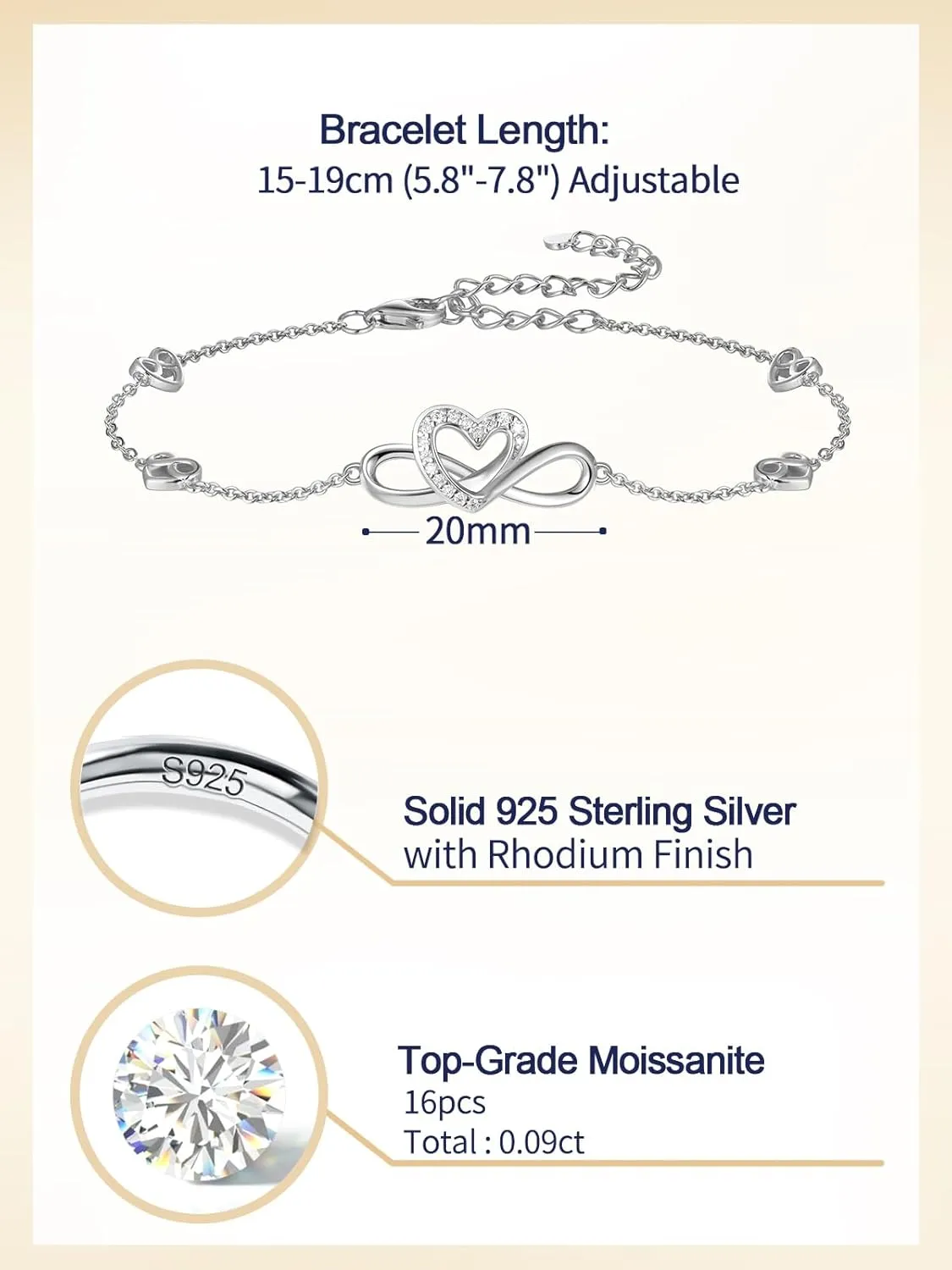 Moissanite Infinity Bracelet/Anklet for Women, Real Authentic 925 Sterling Silver Hypoallergenic, Beautiful Summer Jewelry, Bracelet: 5.8-7.8inch(15-19cm), Anklet: 8.6-10.6inch(21-26cm), Adjustable