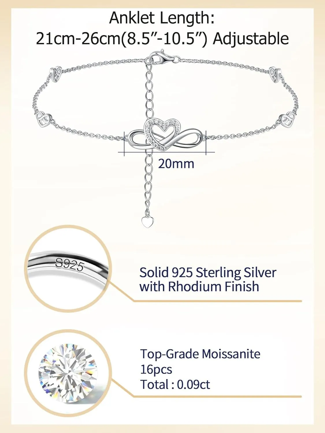 Moissanite Infinity Bracelet/Anklet for Women, Real Authentic 925 Sterling Silver Hypoallergenic, Beautiful Summer Jewelry, Bracelet: 5.8-7.8inch(15-19cm), Anklet: 8.6-10.6inch(21-26cm), Adjustable