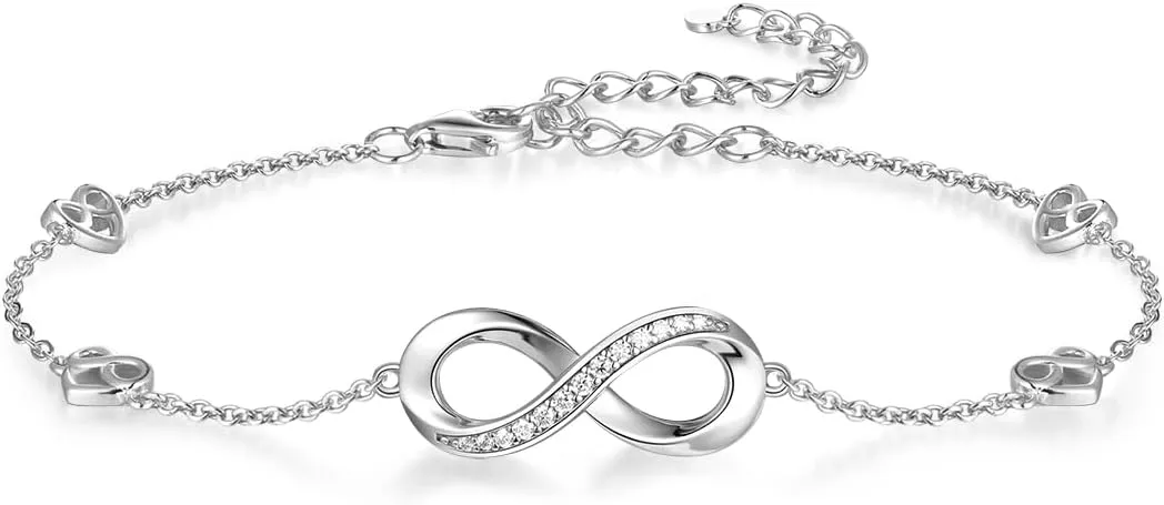 Moissanite Infinity Bracelet/Anklet for Women, Real Authentic 925 Sterling Silver Hypoallergenic, Beautiful Summer Jewelry, Bracelet: 5.8-7.8inch(15-19cm), Anklet: 8.6-10.6inch(21-26cm), Adjustable