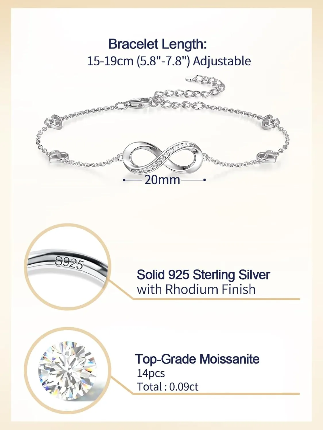 Moissanite Infinity Bracelet/Anklet for Women, Real Authentic 925 Sterling Silver Hypoallergenic, Beautiful Summer Jewelry, Bracelet: 5.8-7.8inch(15-19cm), Anklet: 8.6-10.6inch(21-26cm), Adjustable
