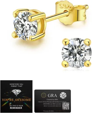 Moissanite Stud Earrings for Women Men D Color VVS1 Clarity Round Cut Lab Created Diamond 925 Sterling Silver 18K White Gold Plated Jewelry