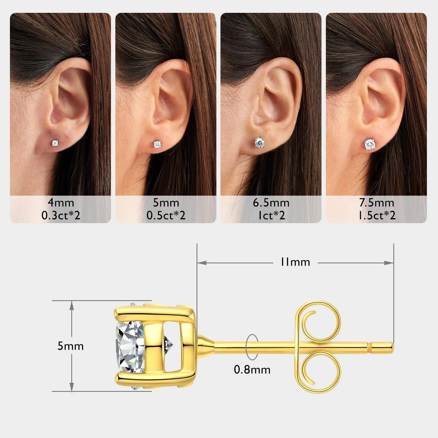 Moissanite Stud Earrings for Women Men D Color VVS1 Clarity Round Cut Lab Created Diamond 925 Sterling Silver 18K White Gold Plated Jewelry
