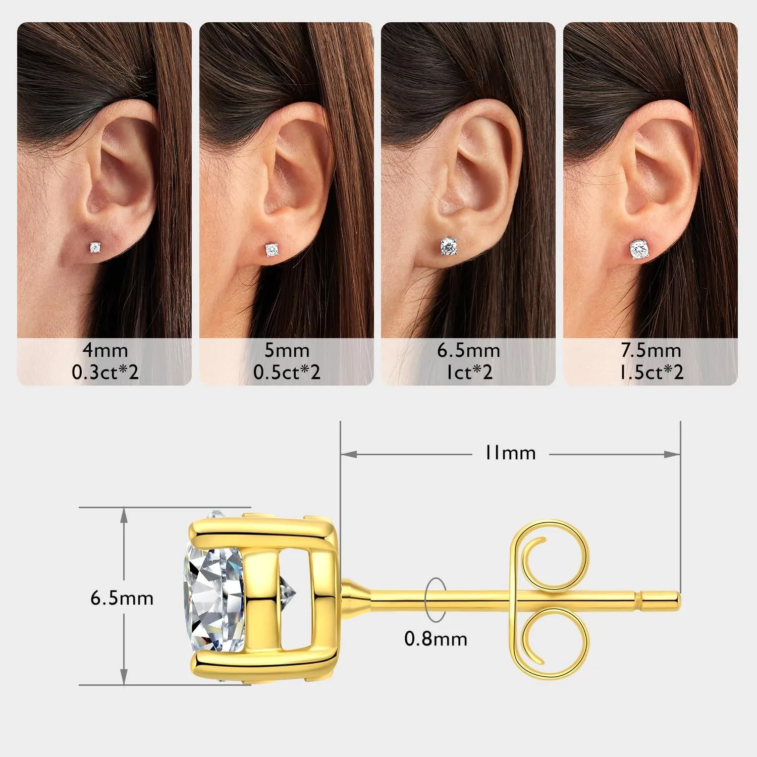 Moissanite Stud Earrings for Women Men D Color VVS1 Clarity Round Cut Lab Created Diamond 925 Sterling Silver 18K White Gold Plated Jewelry