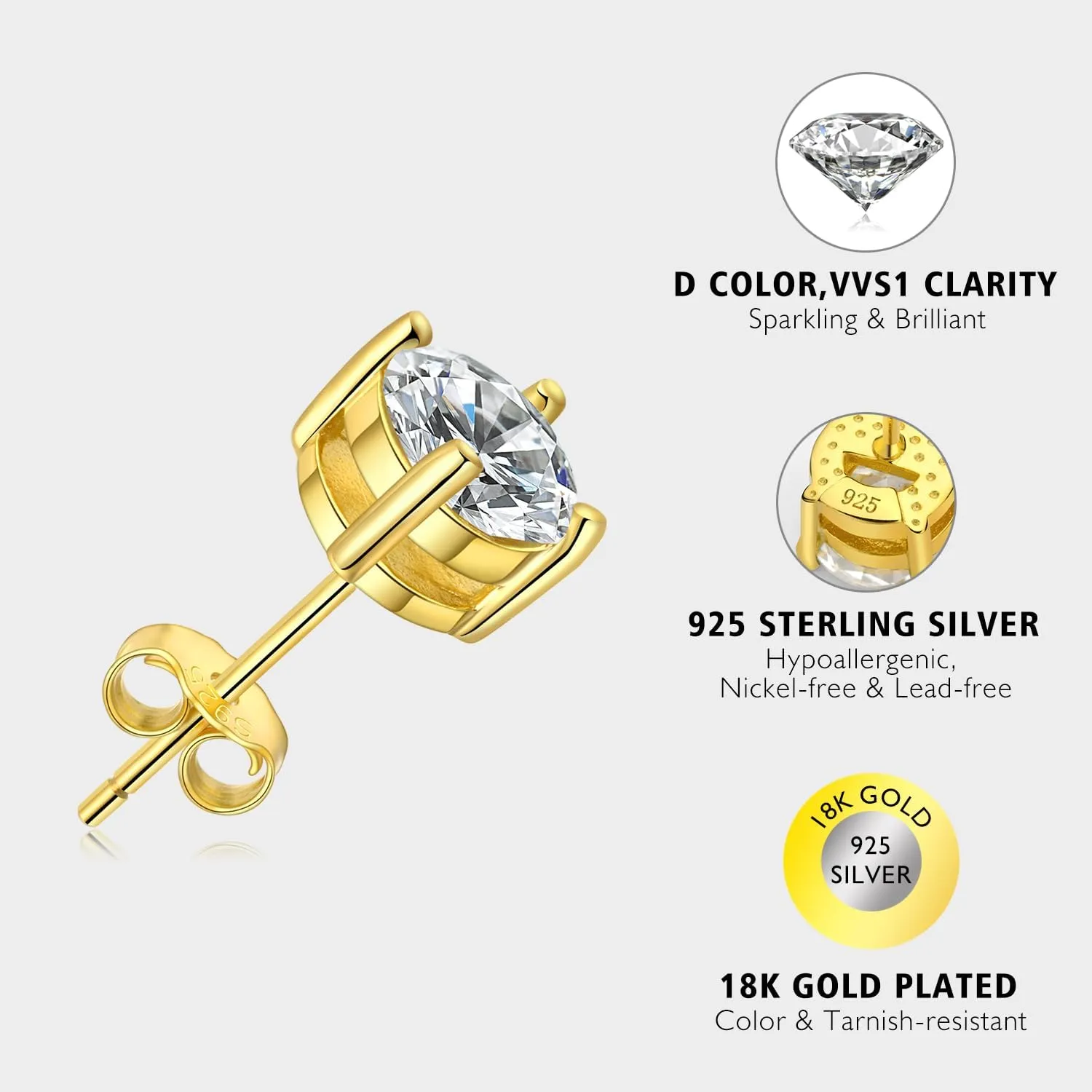 Moissanite Stud Earrings for Women Men D Color VVS1 Clarity Round Cut Lab Created Diamond 925 Sterling Silver 18K White Gold Plated Jewelry