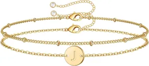 MONOZO Gold Initial Bracelets for Women Mothers Day Gifts, Dainty 14K Gold Plated Layered Beaded Letter Initial Bracelet Personalized 26 Alphabet Disc Monogram Charm Bracelet Mothers Day Gifts for Mom