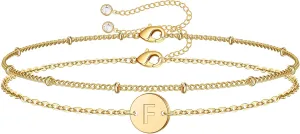 MONOZO Gold Initial Bracelets for Women Mothers Day Gifts, Dainty 14K Gold Plated Layered Beaded Letter Initial Bracelet Personalized 26 Alphabet Disc Monogram Charm Bracelet Mothers Day Gifts for Mom