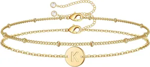 MONOZO Gold Initial Bracelets for Women Mothers Day Gifts, Dainty 14K Gold Plated Layered Beaded Letter Initial Bracelet Personalized 26 Alphabet Disc Monogram Charm Bracelet Mothers Day Gifts for Mom