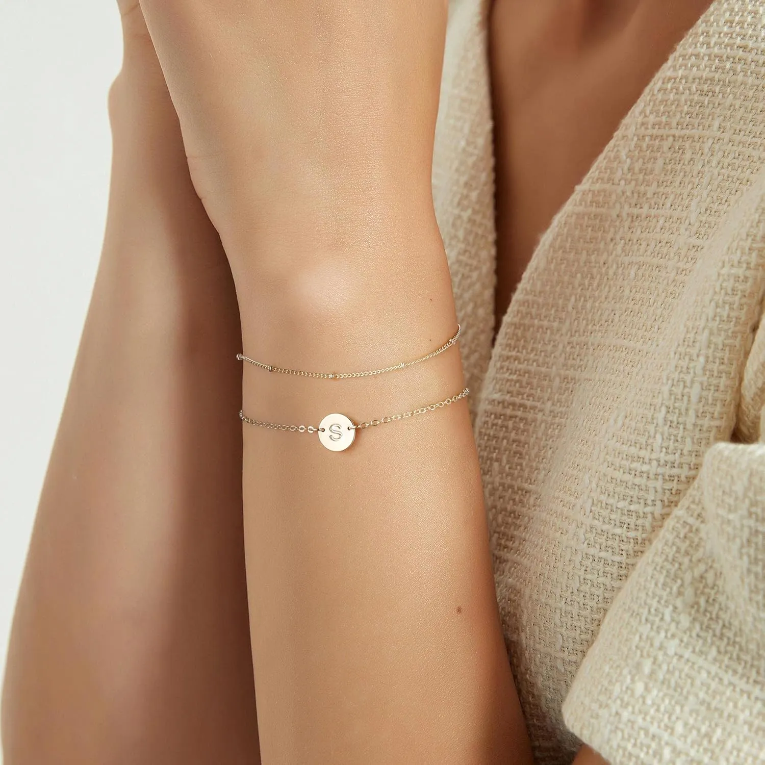 MONOZO Gold Initial Bracelets for Women Mothers Day Gifts, Dainty 14K Gold Plated Layered Beaded Letter Initial Bracelet Personalized 26 Alphabet Disc Monogram Charm Bracelet Mothers Day Gifts for Mom