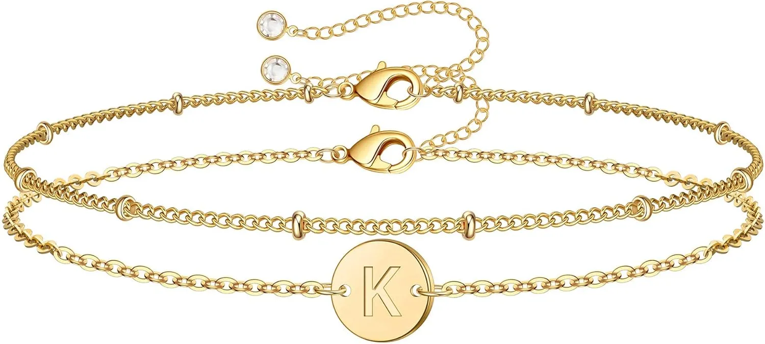 MONOZO Gold Initial Bracelets for Women Mothers Day Gifts, Dainty 14K Gold Plated Layered Beaded Letter Initial Bracelet Personalized 26 Alphabet Disc Monogram Charm Bracelet Mothers Day Gifts for Mom